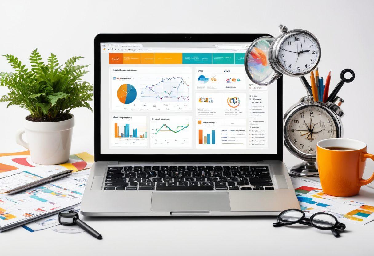 A dynamic and vibrant collage showcasing key elements of web solutions and SEO strategies. Include a lively desk with a laptop displaying analytics, charts, and a website wireframe. Surround it with search engine icons, magnifying glass, and a ticking clock symbolizing engagement and optimization. Integrate subtle hints of personalized service, like a cup with Paul's branding. super-realistic. vibrant colors. white background.