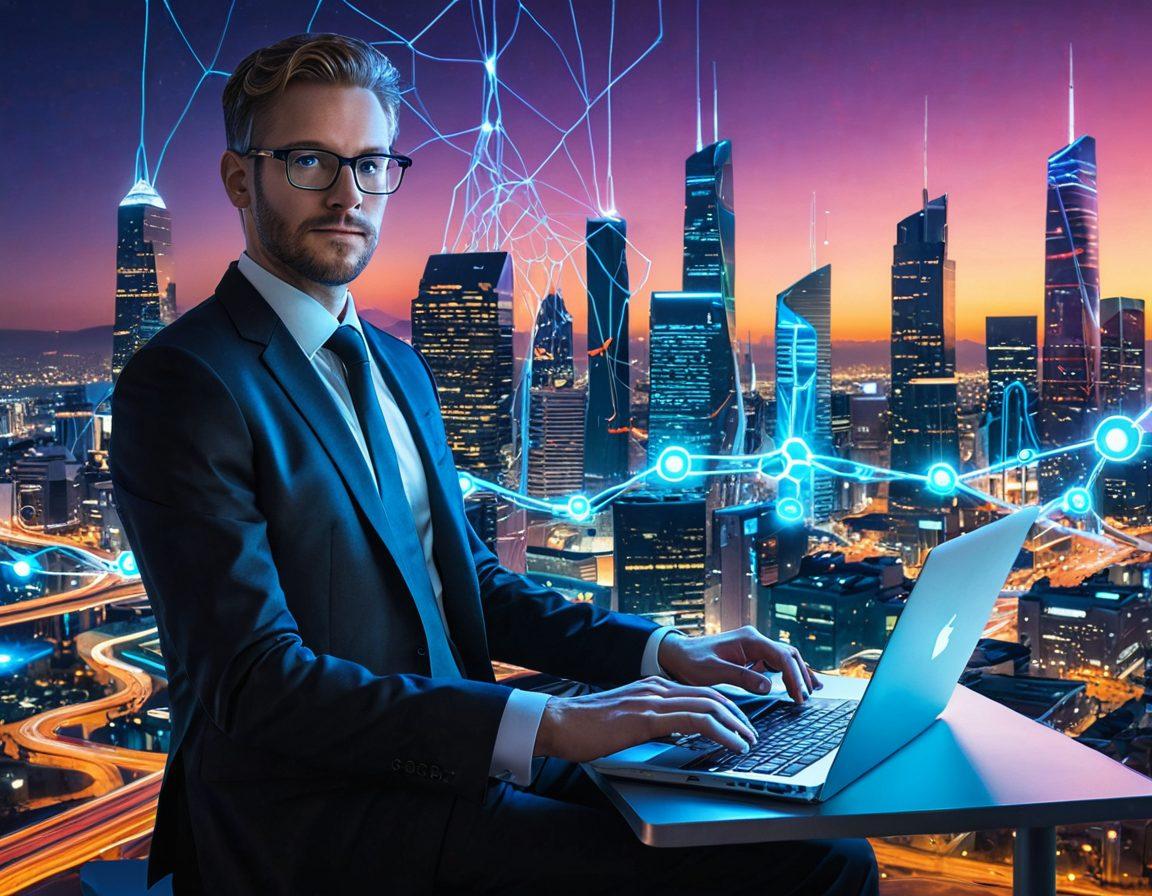 A futuristic cityscape with a sleek, modern skyline, symbolizing Paul's Net Solutions' advanced hosting services. In the foreground, a professional tech expert (Paul) is holding a glowing laptop, with interconnected nodes and data streams emanating from the screen, representing the power of the internet. A few small business avatars stand near him, signifying his clients, all connected by digital threads to the central laptop. The overall aesthetic should be clean and professional. super-realistic. vibrant colors. futuristic.